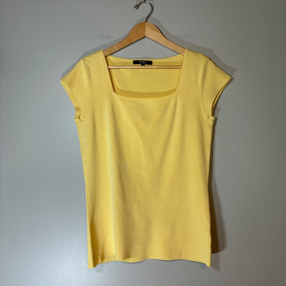 Alex Marie Yellow Silk Blend Ribbed Square Neck Cap Sleeve Knit Top Large